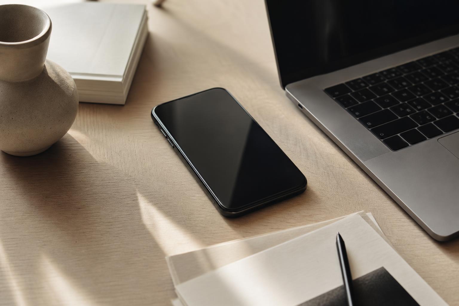 Smartphone on a wooden desk beside a laptop, soft natural light — editorial scene illustrating online reputation in 2026